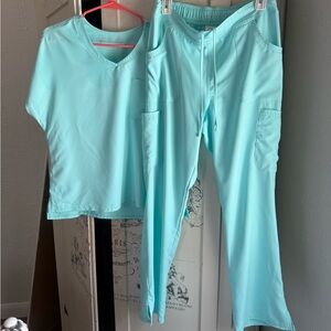 NWOT Scrubology Aqua Blue Scrub Top and Matching Drawstring Scrub Pants